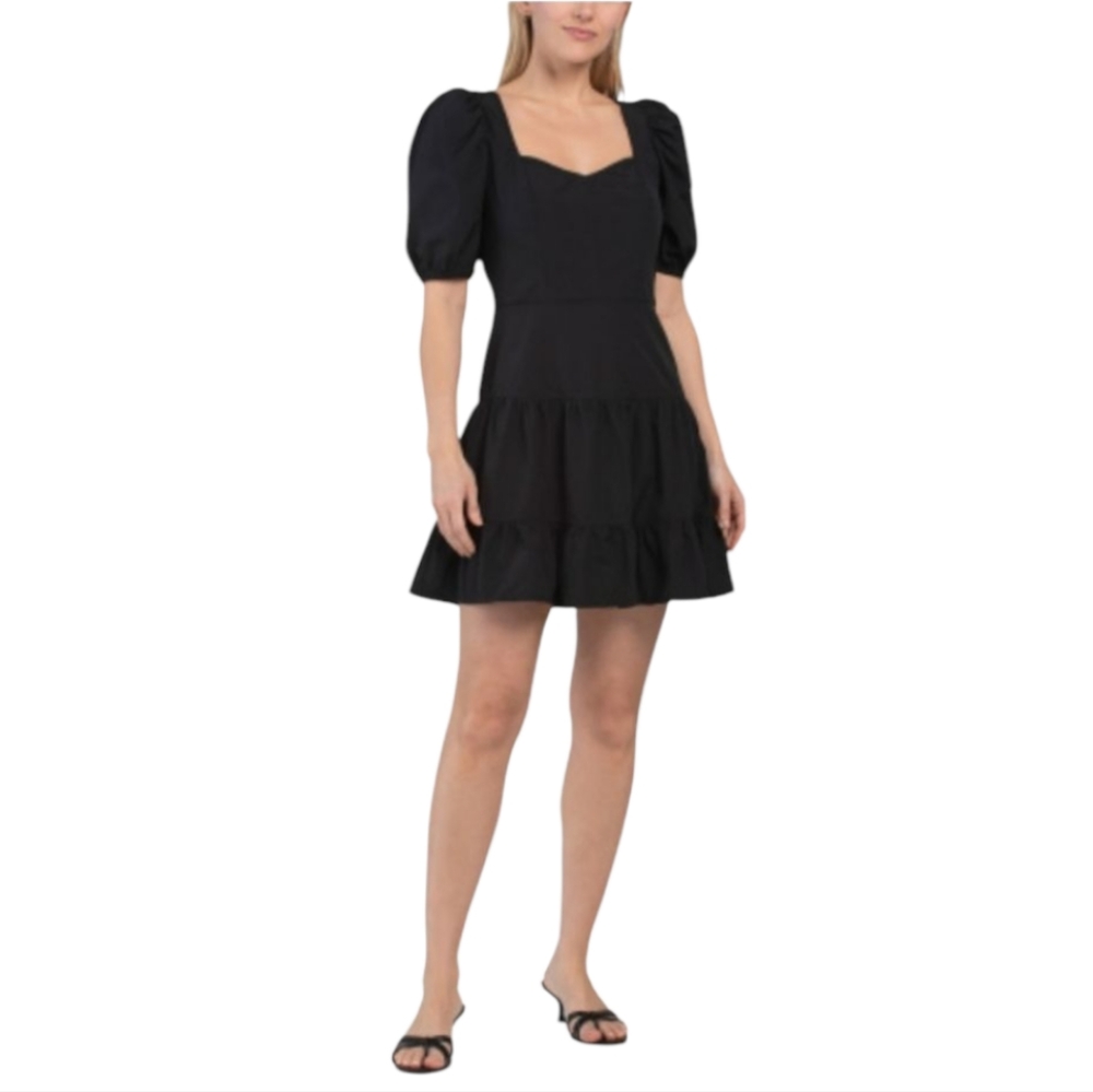 French Connection Black Puff Sleeve Sweetheart Mini Dress